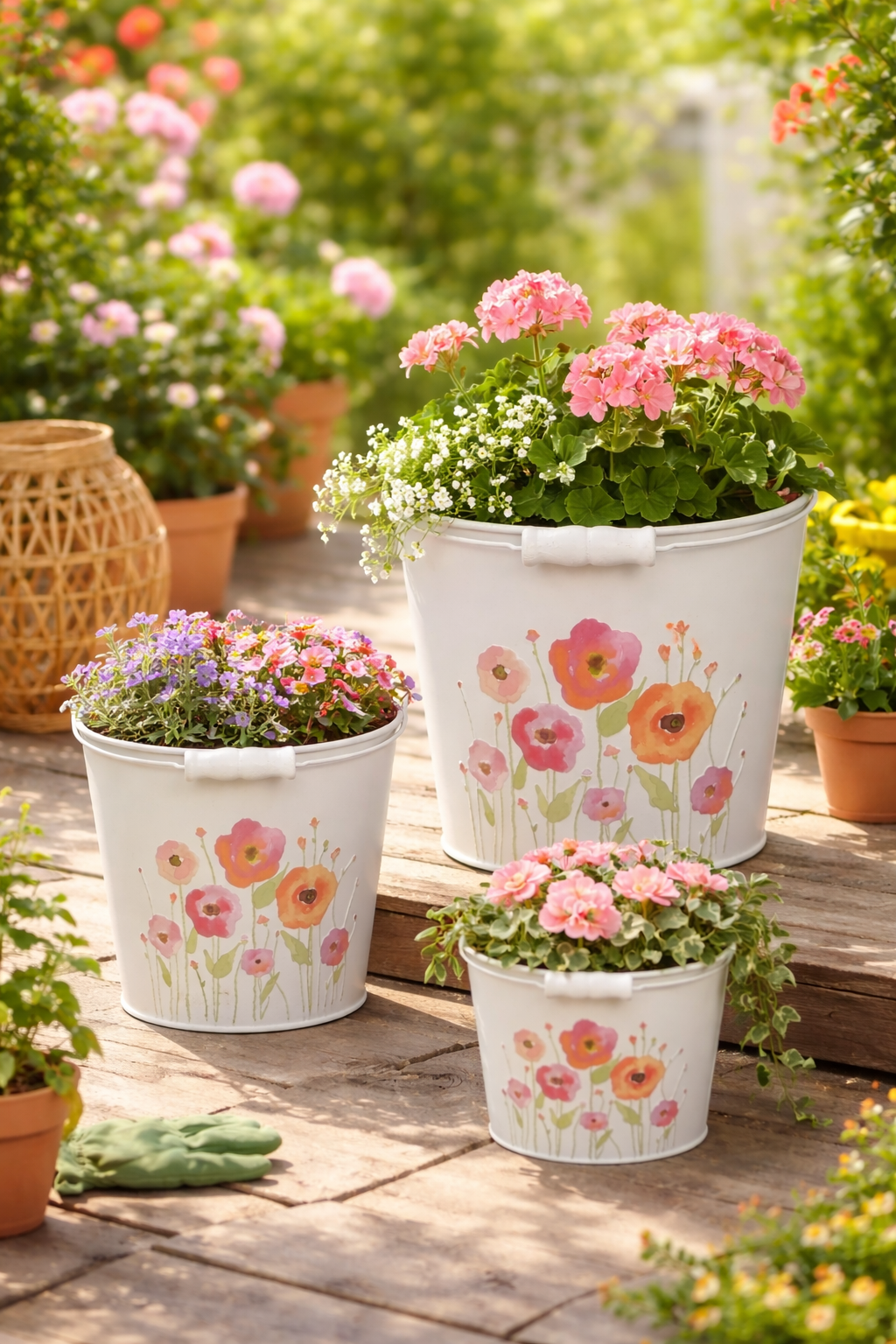 Metall-Eimer mit Henkel Ø15/17/19cm H13/15/17cm "Mohn bunt" Landhausstil für Pflanzen & Wohnaccessoires vielseitig als Blumentopf Übertopf 3Größen wählbar