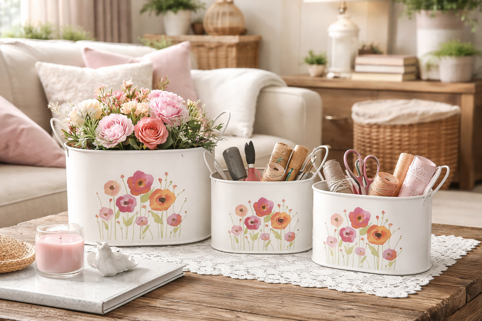 Schale mit Griff oval Mohn bunt Set 3teilig Metall Dekoschalen 16x9xH11 / 20x11xH13 / 23x13xH15 cm Wohn- & Tischdekoration