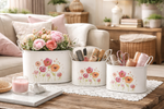 Lade das Bild in den Galerie-Viewer, Schale mit Griff oval Mohn bunt Set 3teilig Metall Dekoschalen 16x9xH11 / 20x11xH13 / 23x13xH15 cm Wohn- &amp; Tischdekoration
