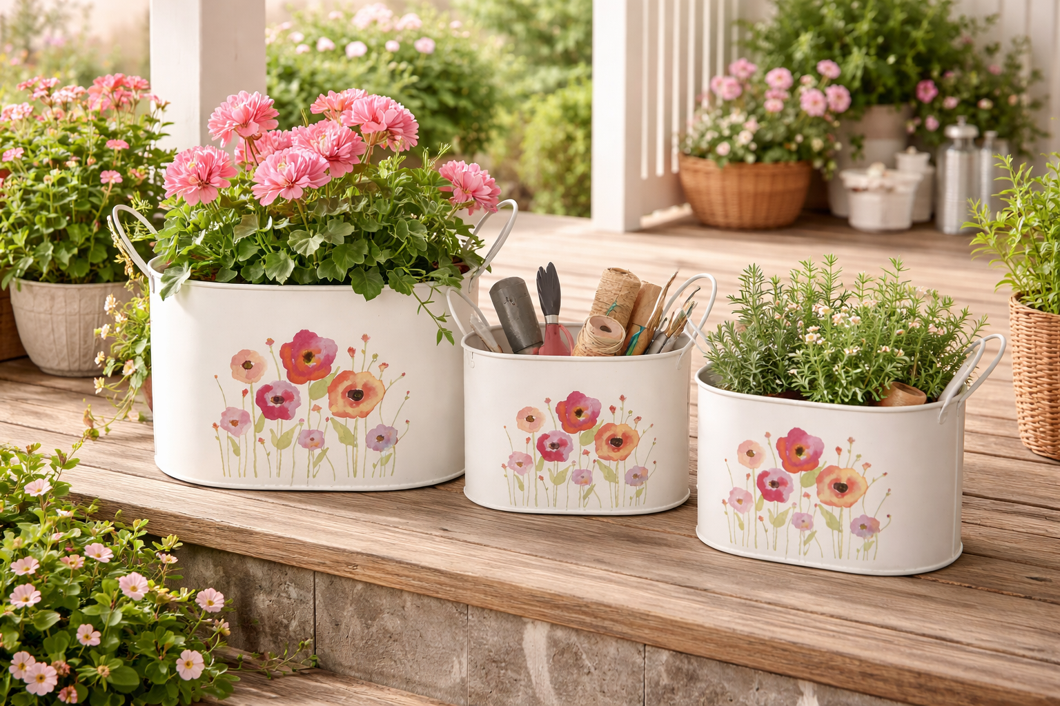 Schale mit Griff oval Mohn bunt Set 3teilig Metall Dekoschalen 16x9xH11 / 20x11xH13 / 23x13xH15 cm Wohn- & Tischdekoration