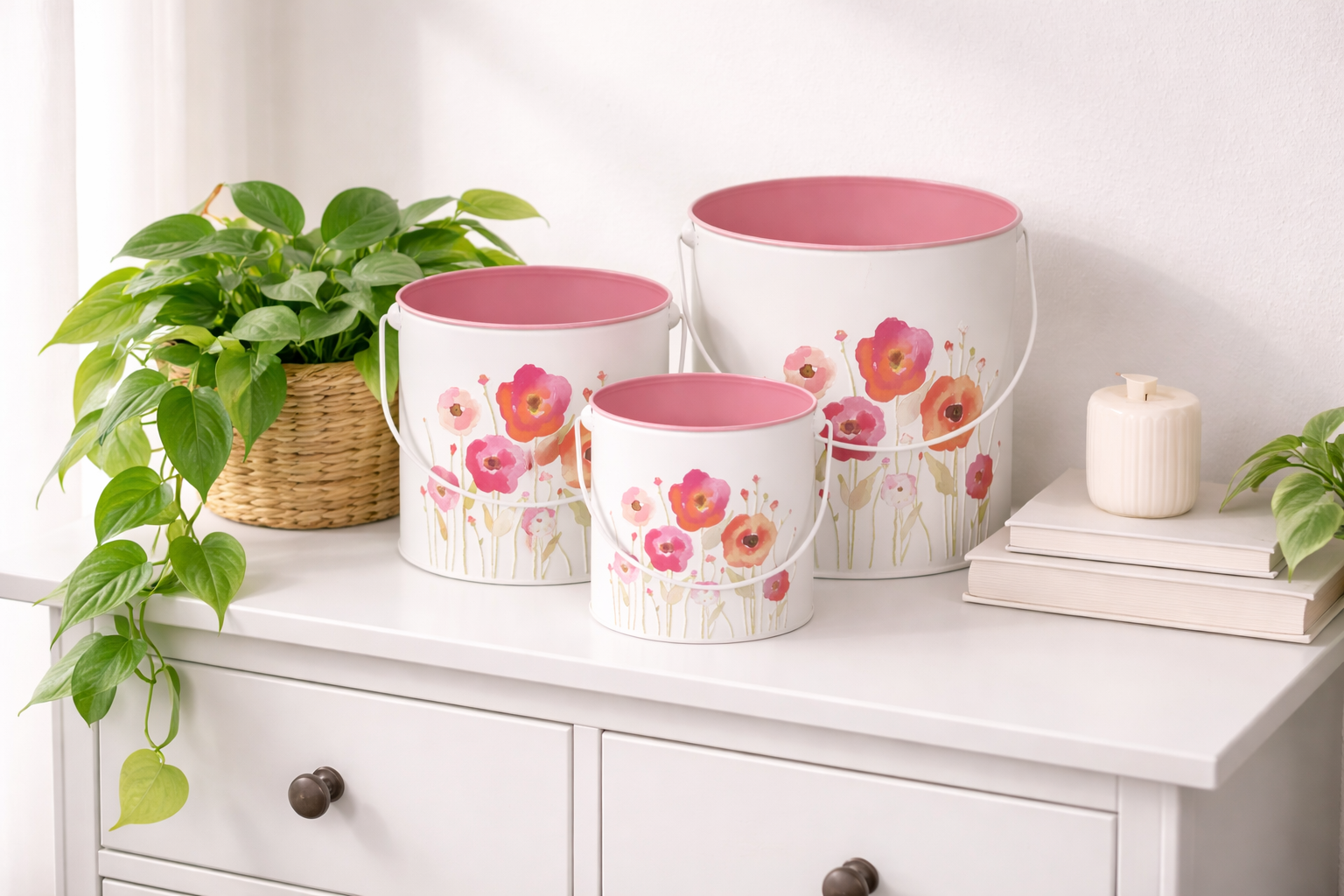 Topf rund Mohn bunt Set 3-teilig Pflanzentöpfe mit Henkel Ø 12/15/18cm Höhe 12/14/16cm Dekorative Blumentöpfe für Innen & Außen