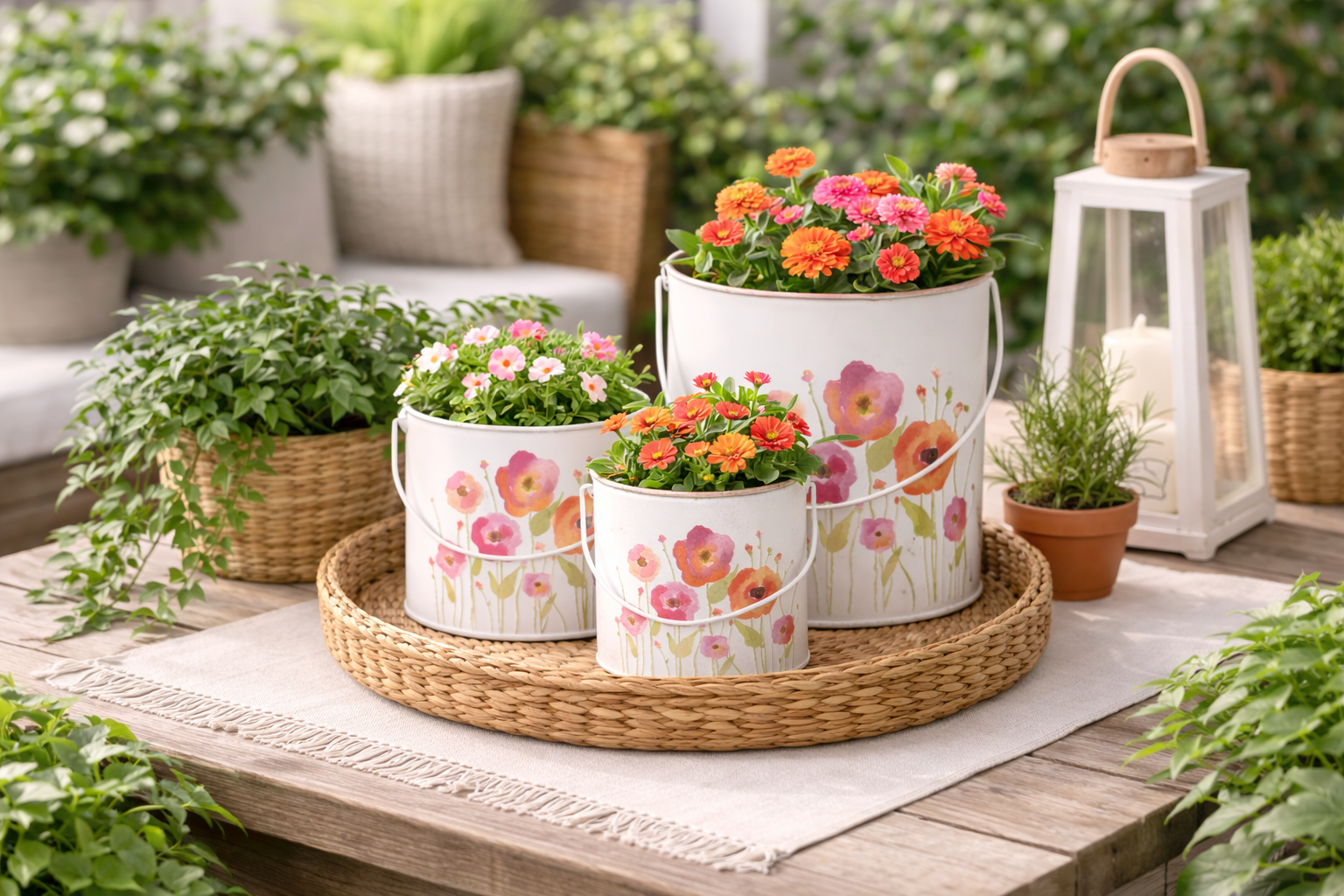 Topf rund Mohn bunt Set 3-teilig Pflanzentöpfe mit Henkel Ø 12/15/18cm Höhe 12/14/16cm Dekorative Blumentöpfe für Innen & Außen