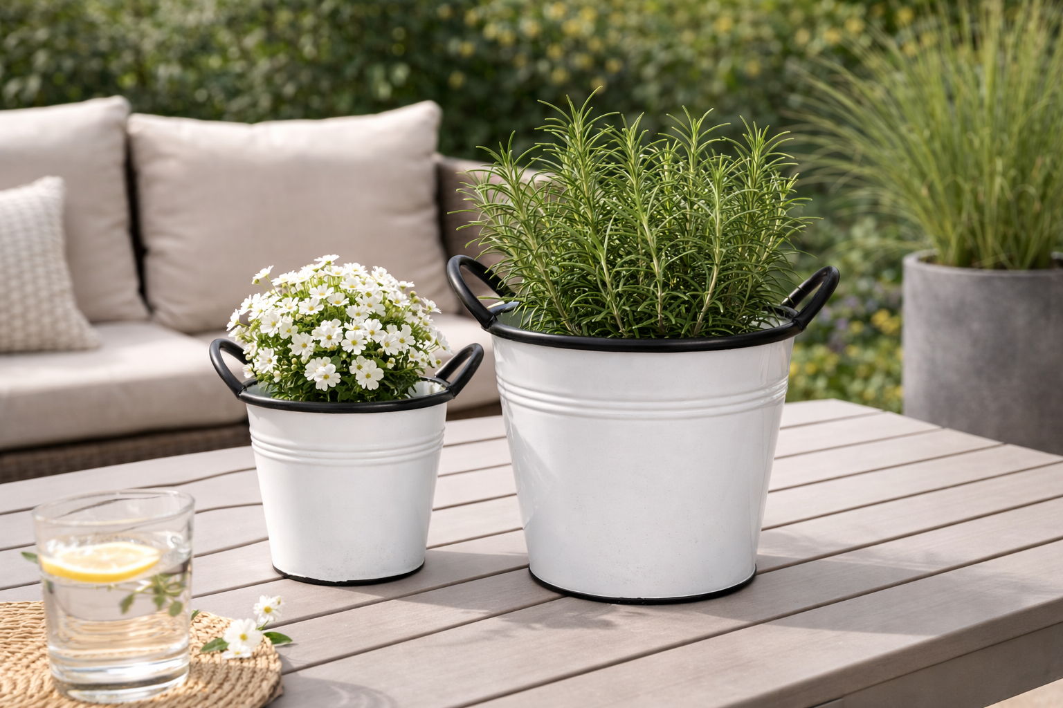 Pflanztopf Weiß-Schwarz mit Griffen Metall Blumentopf Ø16cm H13 cm + Ø18cm H15cm Moderner Übertopf für Innen & Außen Deko 2Größen wählbar