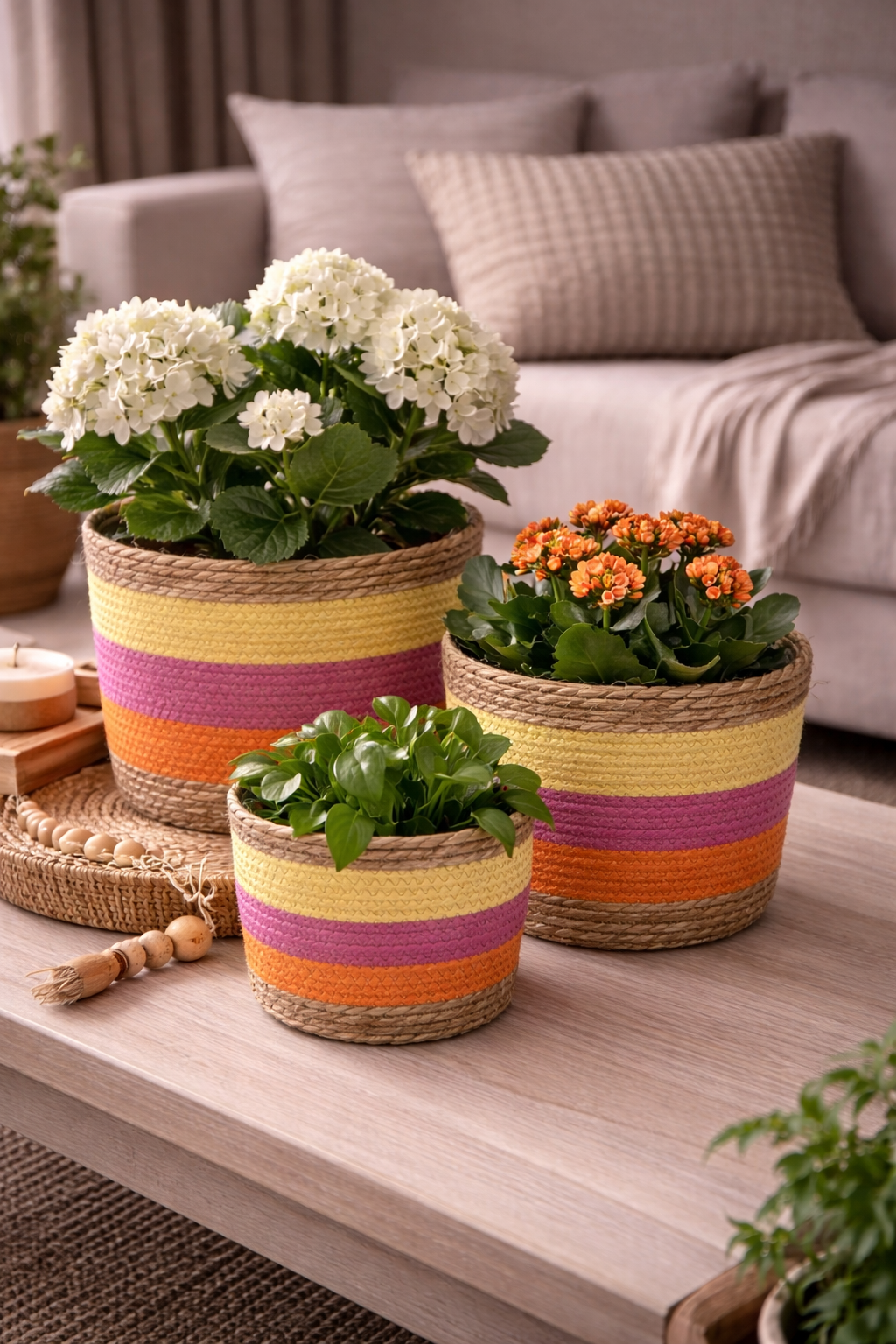 Korb 3er Set – Farbig Seegras – Ø18/23/28 cm H15/18/20cm – Geflochtene Aufbewahrungskörbe – Deko & Ordnung für Wohnbereich