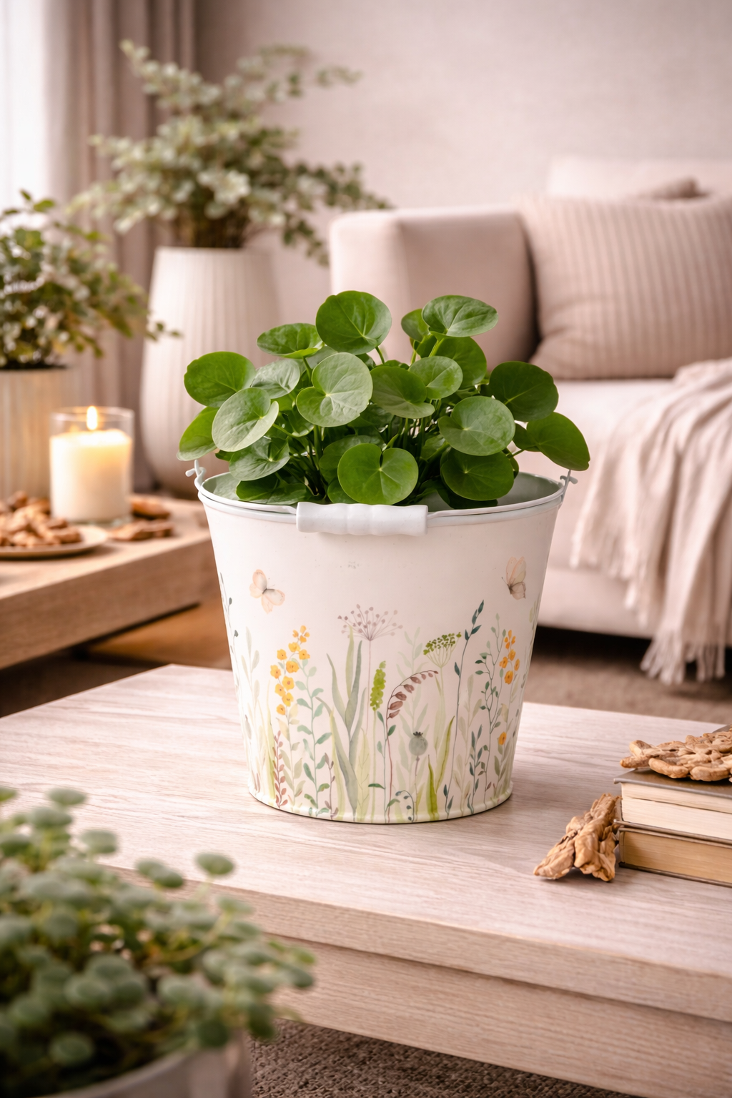 Metall-Eimer mit Henkel Ø11/13/16cm H10,5/12/14cm "Blumenwiese" Vintage-Landhausstil für Pflanzen & Wohnaccessoires vielseitig als Blumentopf, Aufbewahrung oder Deko 3Größen wählbar