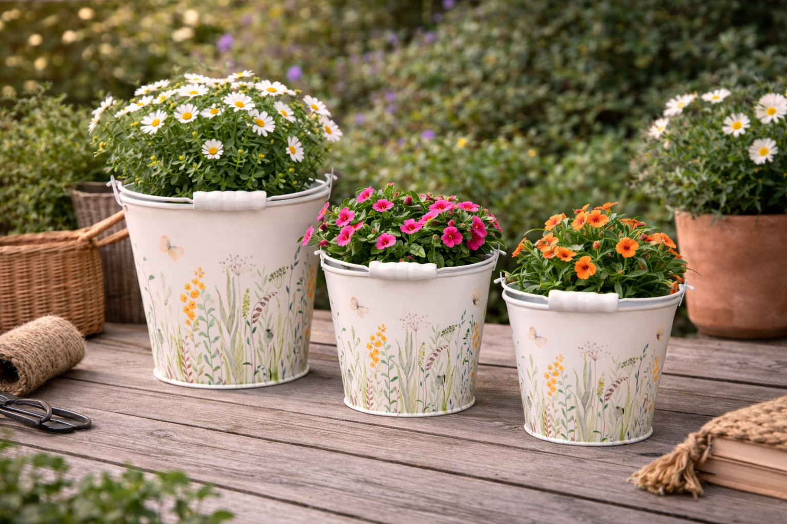 Metall-Eimer mit Henkel Ø11/13/16cm H10,5/12/14cm "Blumenwiese" Vintage-Landhausstil für Pflanzen & Wohnaccessoires vielseitig als Blumentopf, Aufbewahrung oder Deko 3Größen wählbar