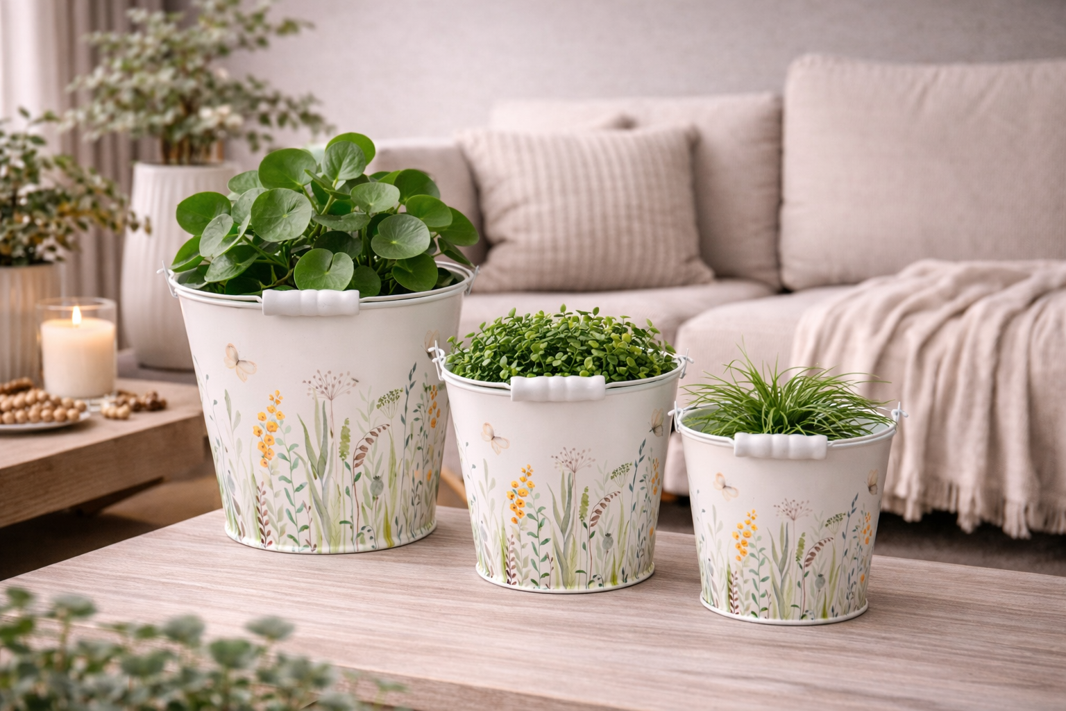 Metall-Eimer mit Henkel Ø11/13/16cm H10,5/12/14cm "Blumenwiese" Vintage-Landhausstil für Pflanzen & Wohnaccessoires vielseitig als Blumentopf, Aufbewahrung oder Deko 3Größen wählbar