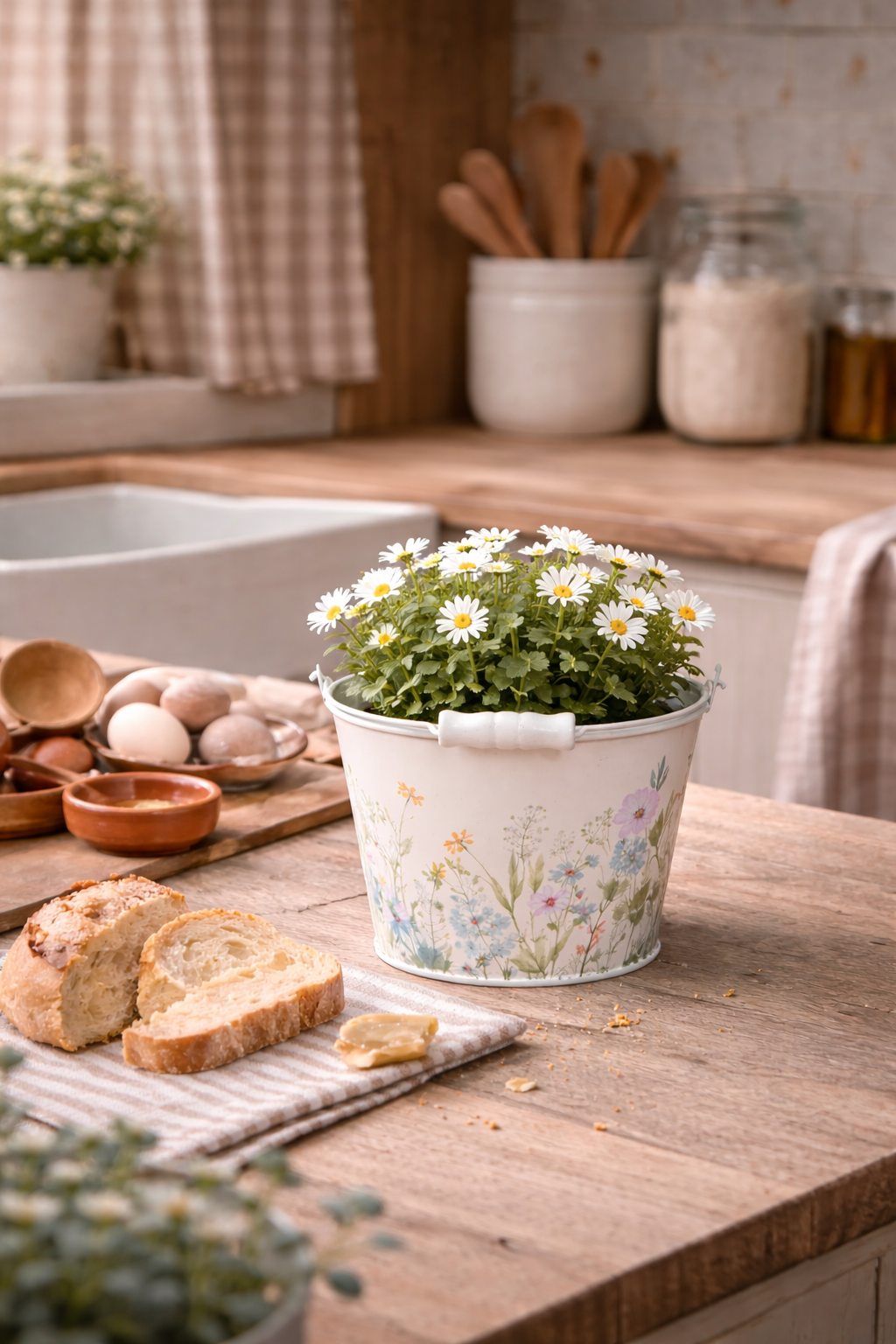 Metall-Eimer mit Henkel Ø16cm H14cm "Blumenwiese" Vintage-Landhausstil für Pflanzen & Wohnaccessoires vielseitig als Blumentopf, Aufbewahrung oder Deko