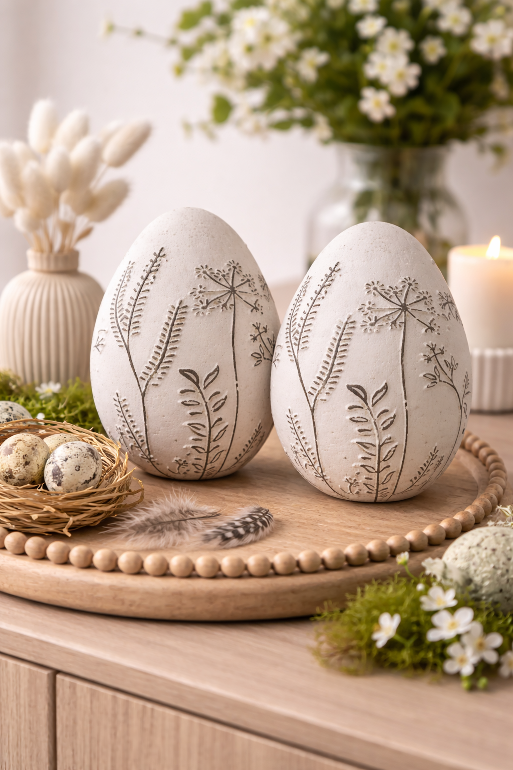 Osterei mit Gräser-Motiv Zement 2er Set weiß/schwarz Modernes Deko-Ei aus Zement Ø12cm H15cm Stilvolle Oster- und Frühlingsdekoration für Innenbereich