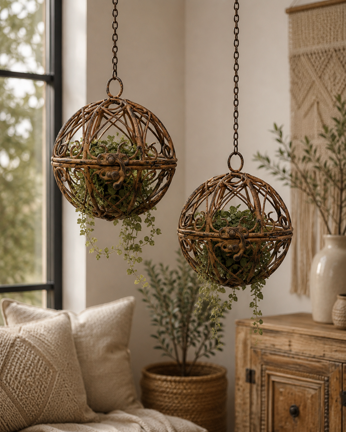 Deko-Kugeln Metall 2er Set zum Öffnen – Rust Stripes African Ornament Ø11cm Hängedekoration für Garten, Terrasse & Wohnbereich