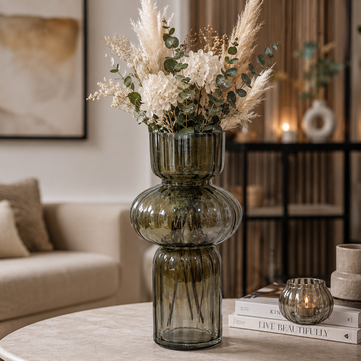 Glasvase Ribbed Smoke Geriffelte Dekovase aus Glas in Rauchgrau  H32cm & H47cm Moderne Blumenvase 2Größen wählbar