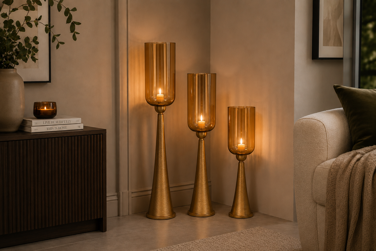 Kerzenständer Säule Gold mit Glas Hurricane – Windlicht aus Metall & Glas – H78 / H93 / H110 cm – Eleganter Boden-Kerzenhalter für Wohnzimmer, Flur & Eventdekoration 3Größen wählbar
