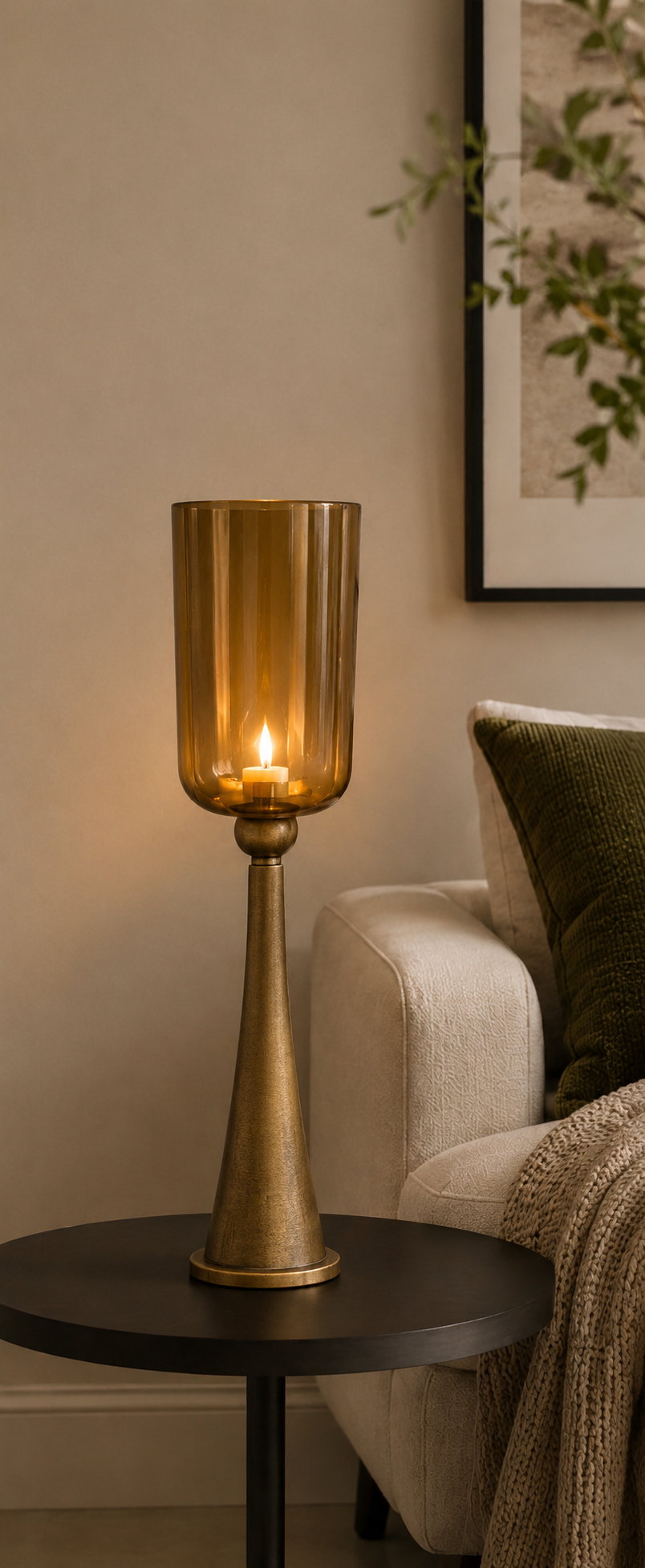 Kerzenständer Säule Gold mit Glas Hurricane – Windlicht aus Metall & Glas – H78 / H93 / H110 cm – Eleganter Boden-Kerzenhalter für Wohnzimmer, Flur & Eventdekoration 3Größen wählbar
