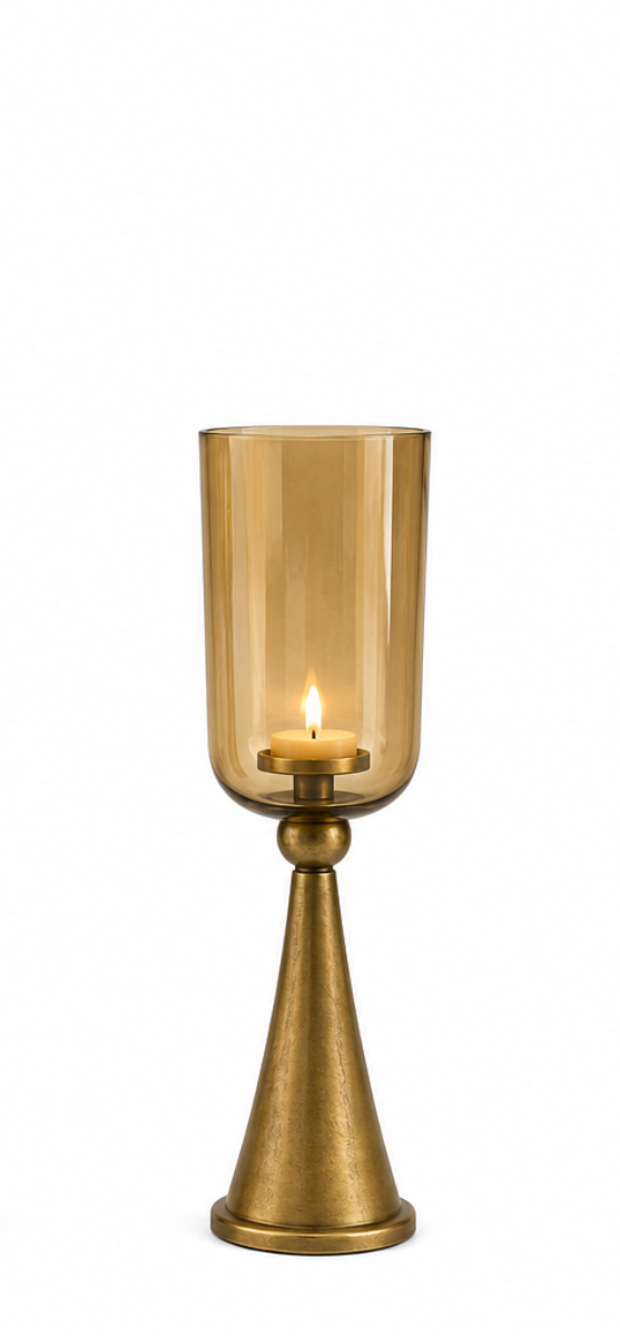 Kerzenständer Säule Gold mit Glas Hurricane – Windlicht aus Metall & Glas – H78 / H93 / H110 cm – Eleganter Boden-Kerzenhalter für Wohnzimmer, Flur & Eventdekoration 3Größen wählbar