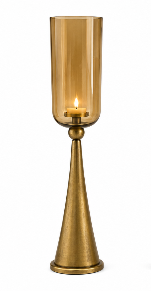 Kerzenständer Säule Gold mit Glas Hurricane – Windlicht aus Metall & Glas – H78 / H93 / H110 cm – Eleganter Boden-Kerzenhalter für Wohnzimmer, Flur & Eventdekoration 3Größen wählbar