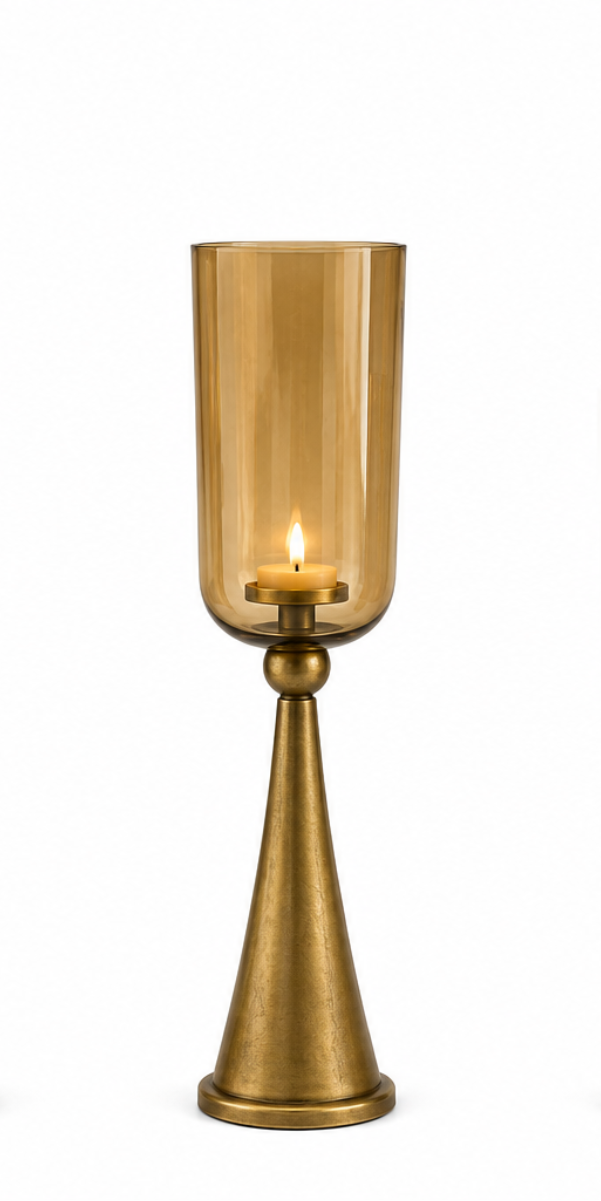 Kerzenständer Säule Gold mit Glas Hurricane – Windlicht aus Metall & Glas – H78 / H93 / H110 cm – Eleganter Boden-Kerzenhalter für Wohnzimmer, Flur & Eventdekoration 3Größen wählbar