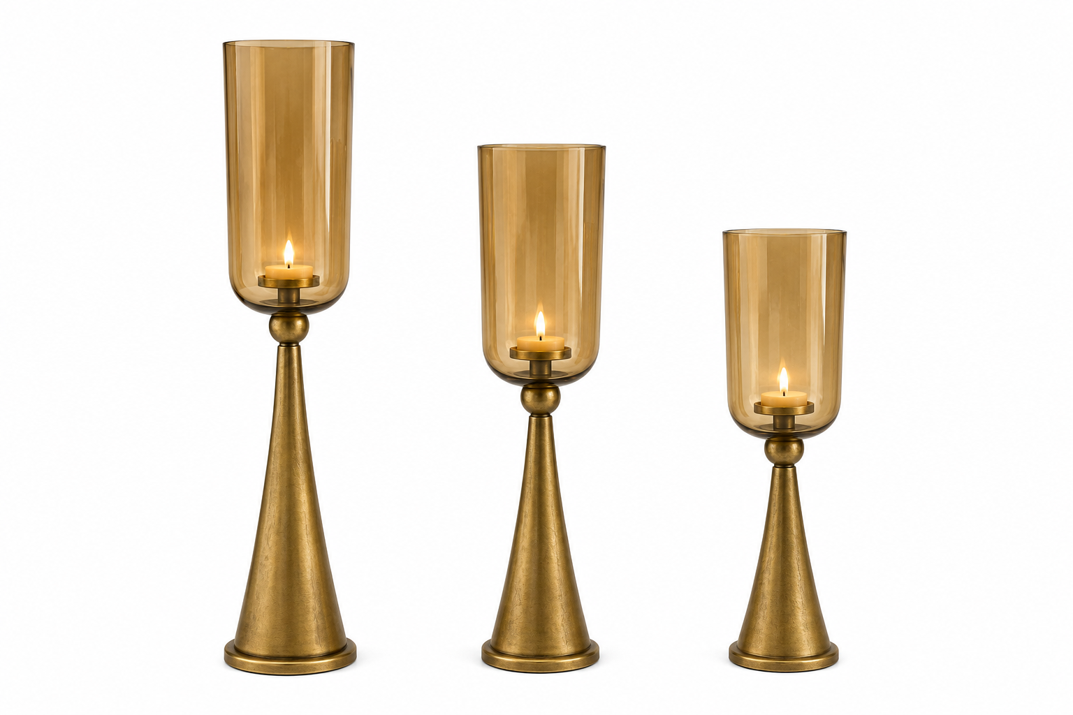 Kerzenständer Säule Gold mit Glas Hurricane – Windlicht aus Metall & Glas – H78 / H93 / H110 cm – Eleganter Boden-Kerzenhalter für Wohnzimmer, Flur & Eventdekoration 3Größen wählbar