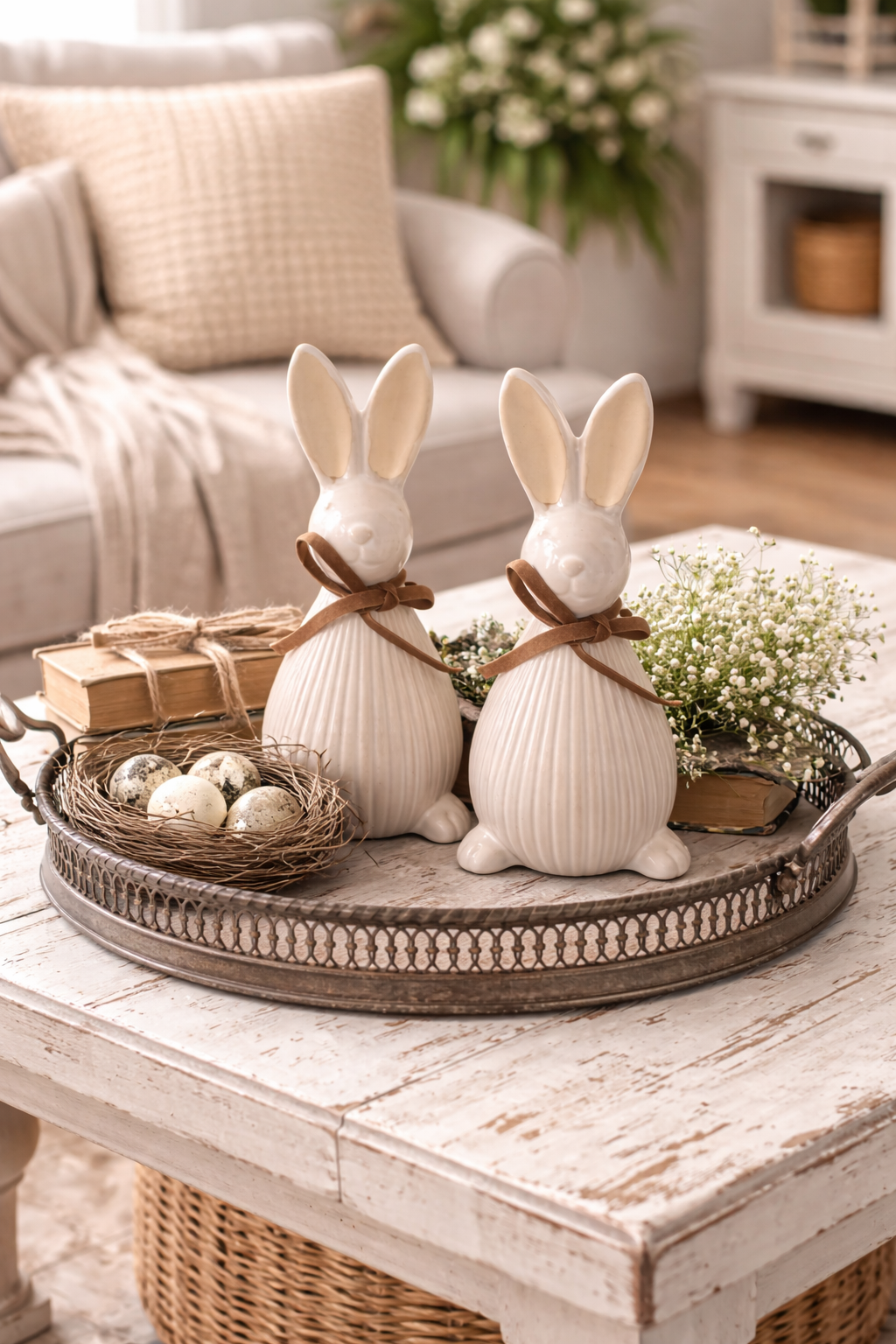 Keramik Hase 2erSet Dekofigur Ø7cm H17cm creme/weiß Osterdeko Frühjahrsdekoration Wohnaccessoire