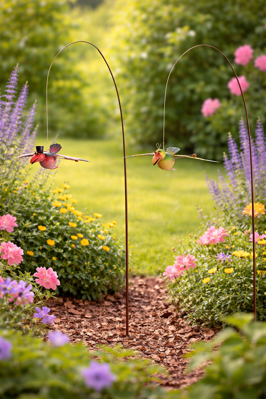 Windspiel Vogel Gartenstecker 120 cm – Metall Vogel-Windspiel mit Bogen Dekoration für Garten Balkon & Terrasse wetterfest, 16×10cm H120cm 2 Motive wählbar