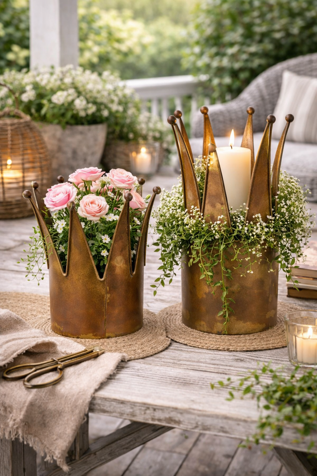 Dekokrone Metall 2er Set rost Vintage Kronen-Deko im Shabby Chic Landhausstil Pflanzkrone & Pflanzgefäß H46/35cm Ø26/23cm