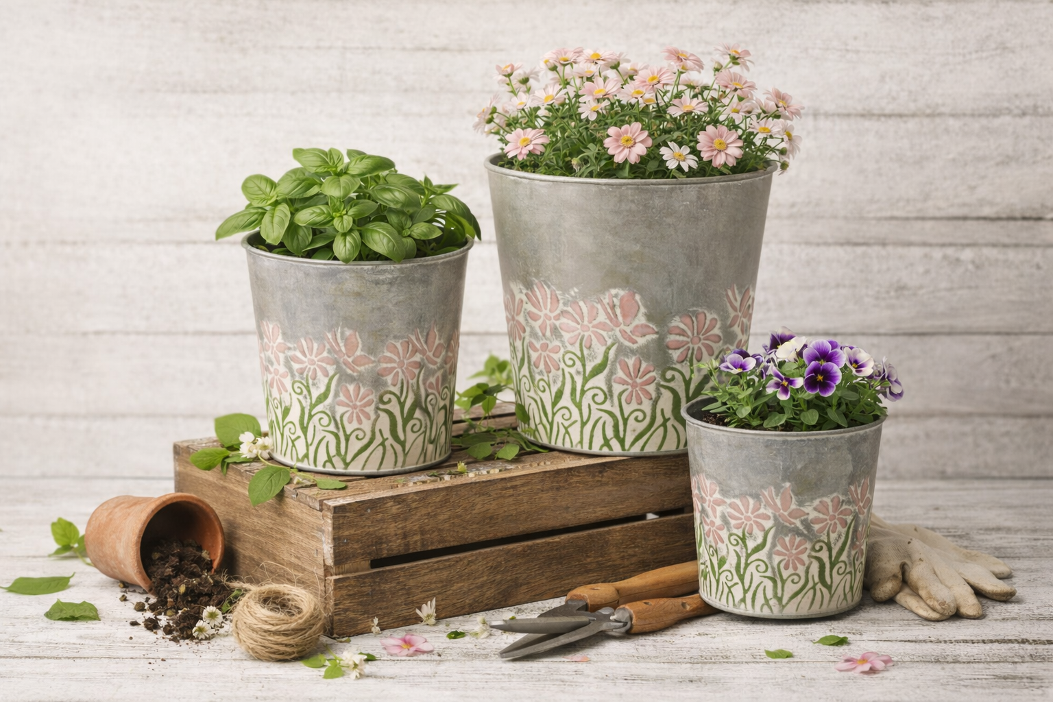 Topf Metall grau/rosa Blume Blumentopf Übertopf Ø14-19cm 3Größen wählbar