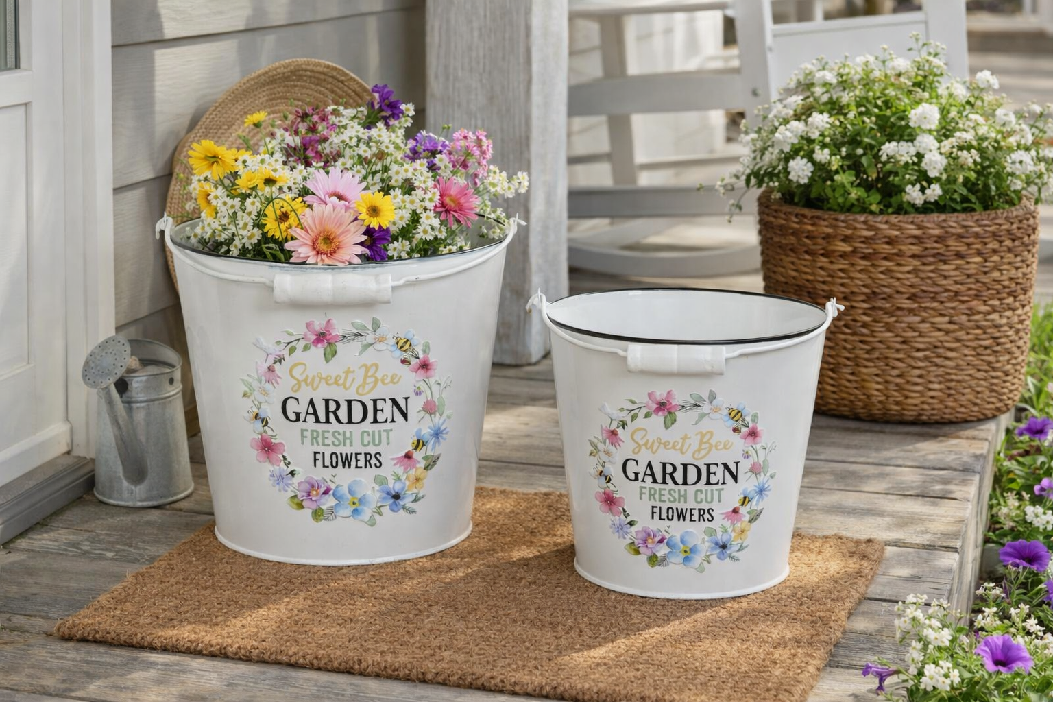 Metall Topf  Garden weiss/bunt mit Henkel Übertopf 2Größen wählbar