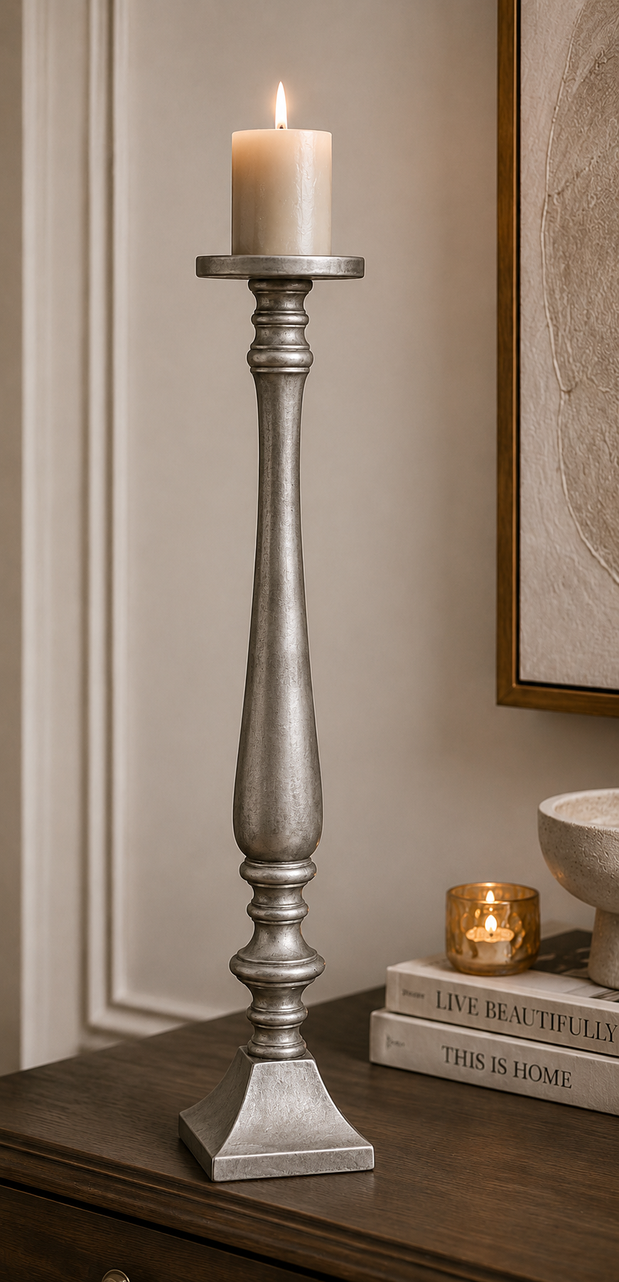 Kerzenständer Nickel konisch mit Ringen – Eleganter Kerzenleuchter aus Metall – H56 cm & H67 cm – Moderner Bodenleuchter für Wohnzimmer, Flur & Esszimmer 2Größen wählbar