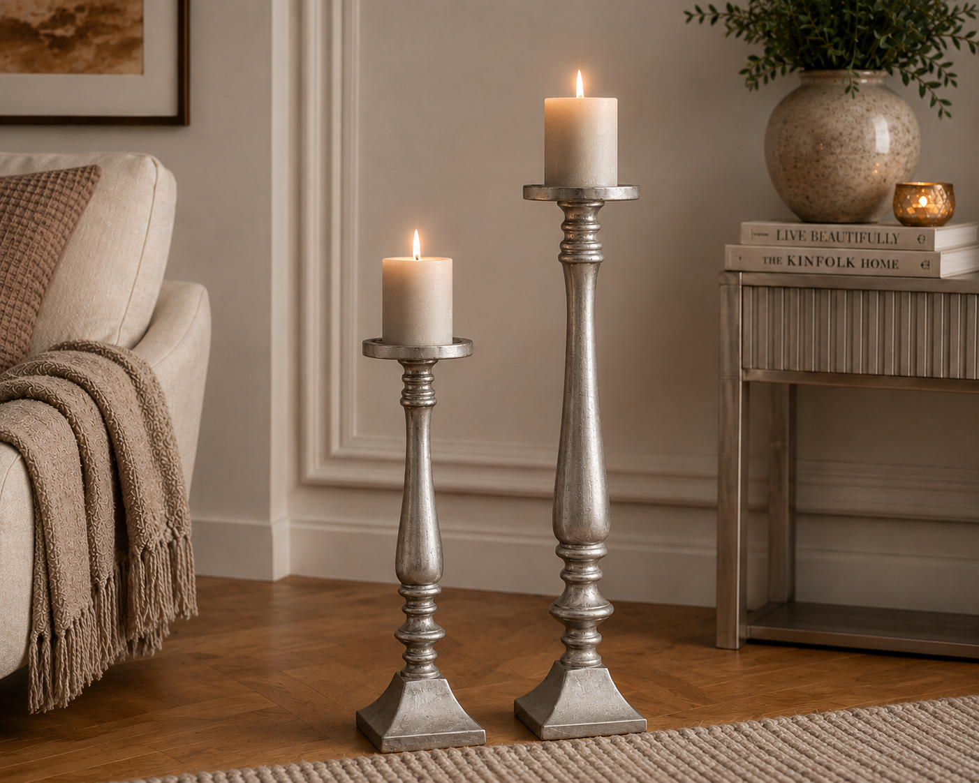 Kerzenständer Nickel konisch mit Ringen – Eleganter Kerzenleuchter aus Metall – H56 cm & H67 cm – Moderner Bodenleuchter für Wohnzimmer, Flur & Esszimmer 2Größen wählbar