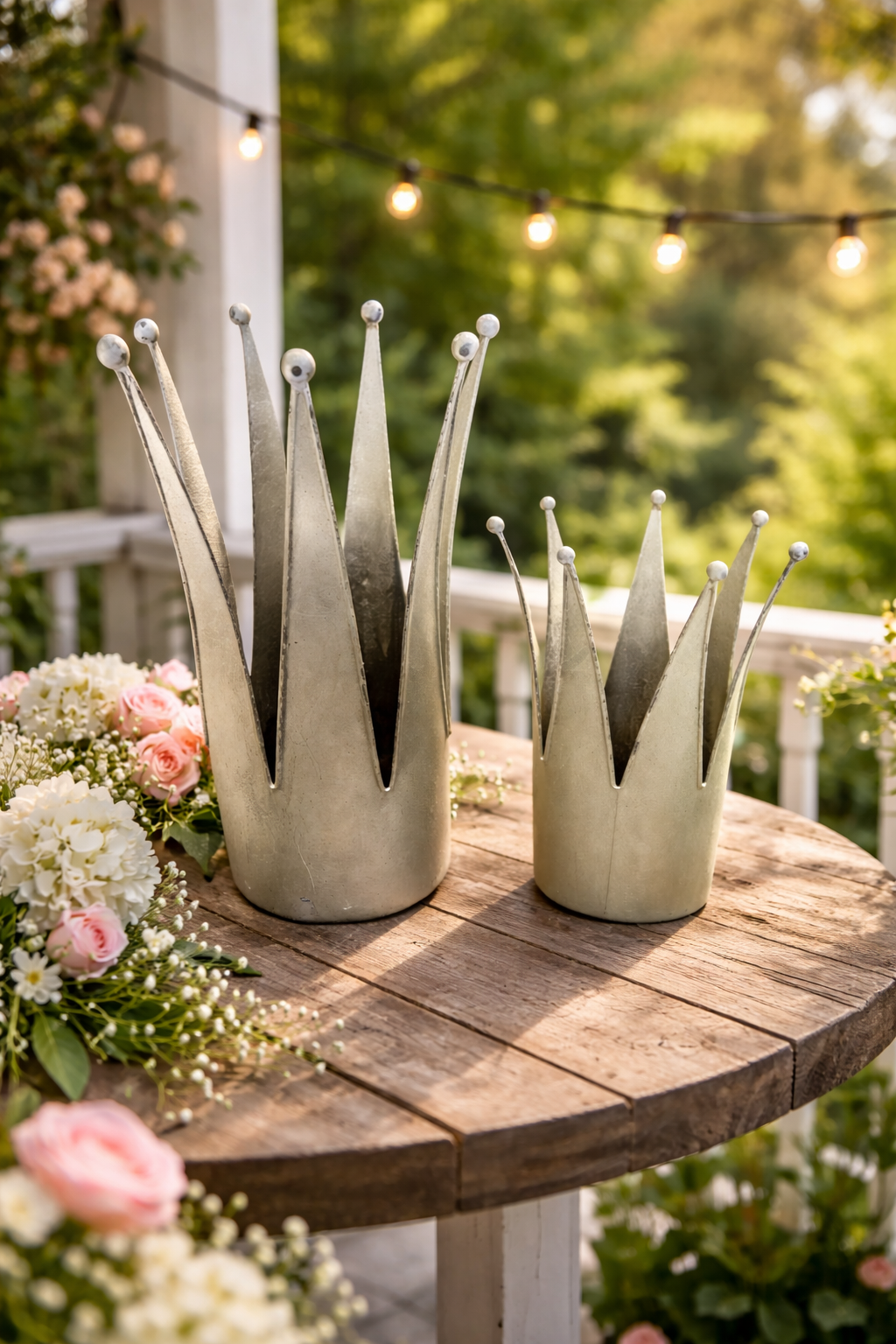 Dekokrone Metall 2er Set Antik-Grün – Vintage Kronen-Deko im Shabby Chic Landhausstil Pflanzkrone & Pflanzgefäß H24/36cm Ø16,5/14,5cm