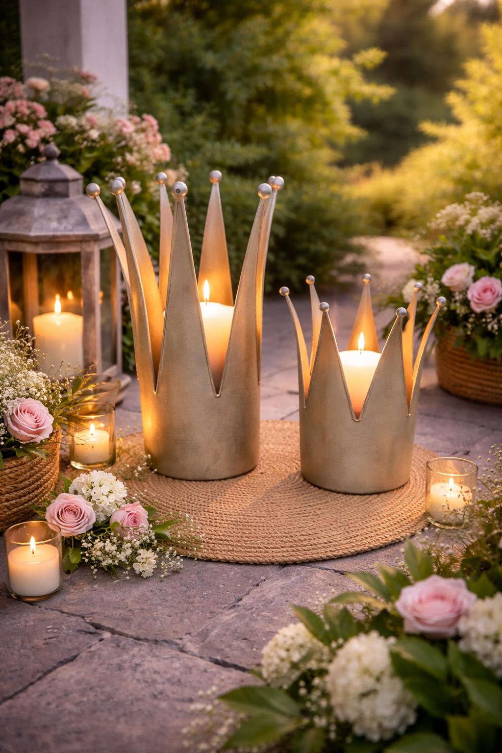 Dekokrone Metall 2er Set Antik-Grün – Vintage Kronen-Deko im Shabby Chic Landhausstil Pflanzkrone & Pflanzgefäß H24/36cm Ø16,5/14,5cm