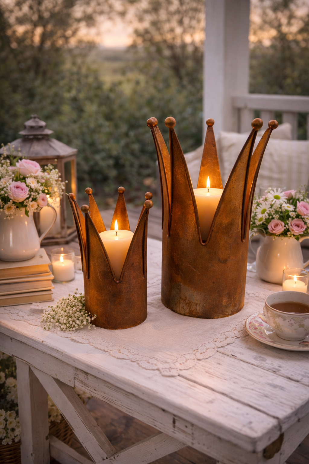 Dekokrone Metall 2er Set Antik-Rüst – Vintage Kronen-Deko im Shabby Chic Landhausstil Pflanzkrone & Pflanzgefäß H24/36cm Ø16,5/14,5cm