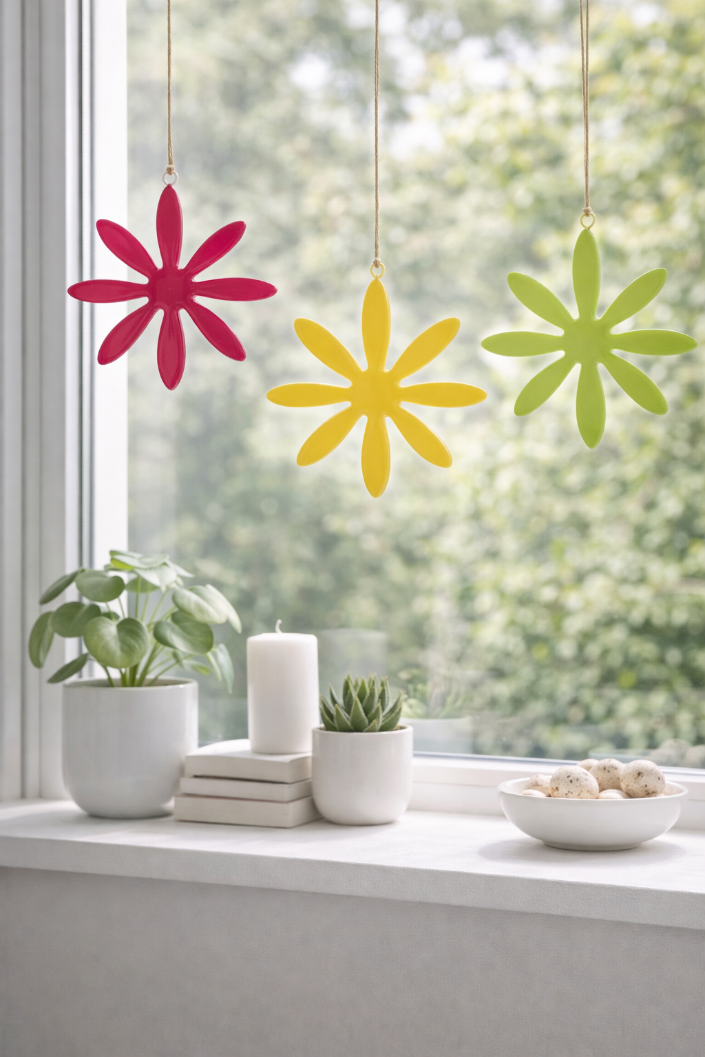 Metall Blume zum Hängen – Ø 16 cm – 3-farbig sortiert Pink, Gelb & Grün Dekorative Hängeblume für Fenster, Wohnbereich & Garten – Frühlingsdeko