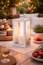 Lade das Bild in den Galerie-Viewer, Metall Laterne mit Blütenmotiv Weiß – Dekorative Garten- &amp; Wohnlaterne aus Metall &amp; Glas – für Kerzen H24cm &amp; H34cm 2Größen wählbar
