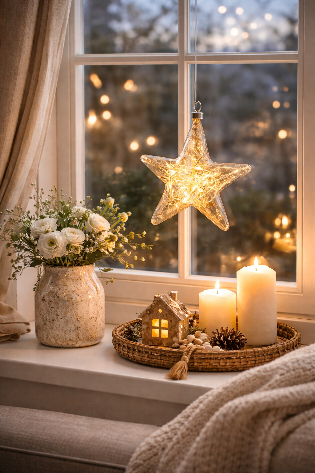LED Stern Glas Ø12cm amber 10LED Lichter transparent mit Timer Dekohänger Weihnachten Fensterdeko