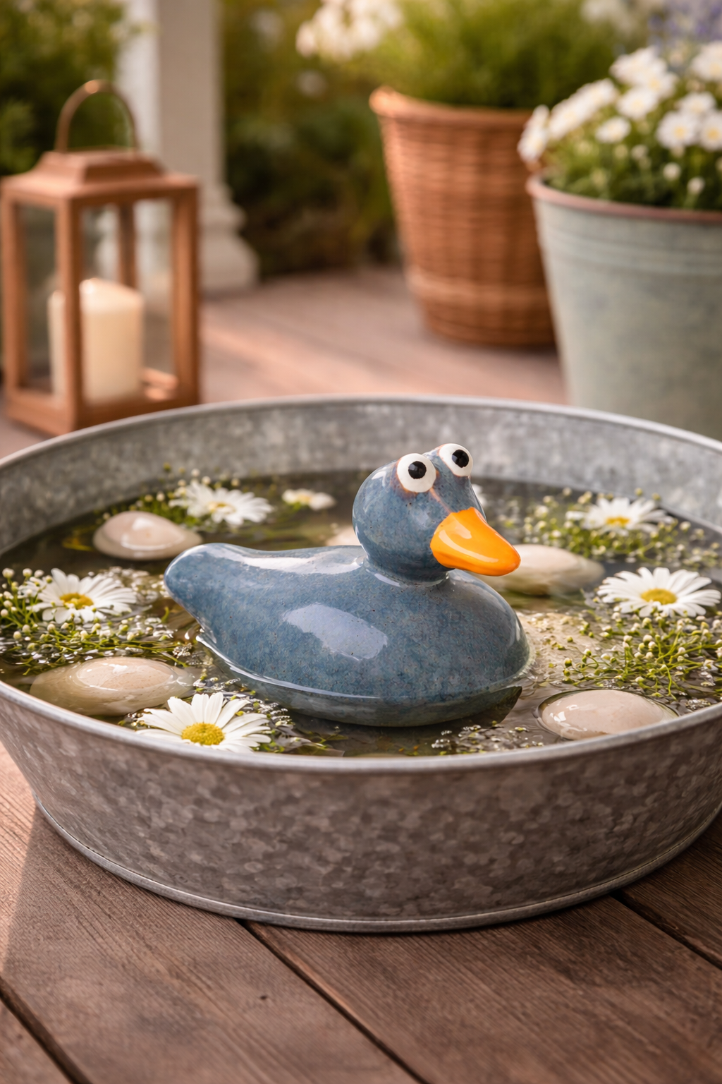 Porzellan Ente schwimmend – Miniteich Dekofigur 13,5x8cm H10cm blau Porzellan-Dekoration Garten