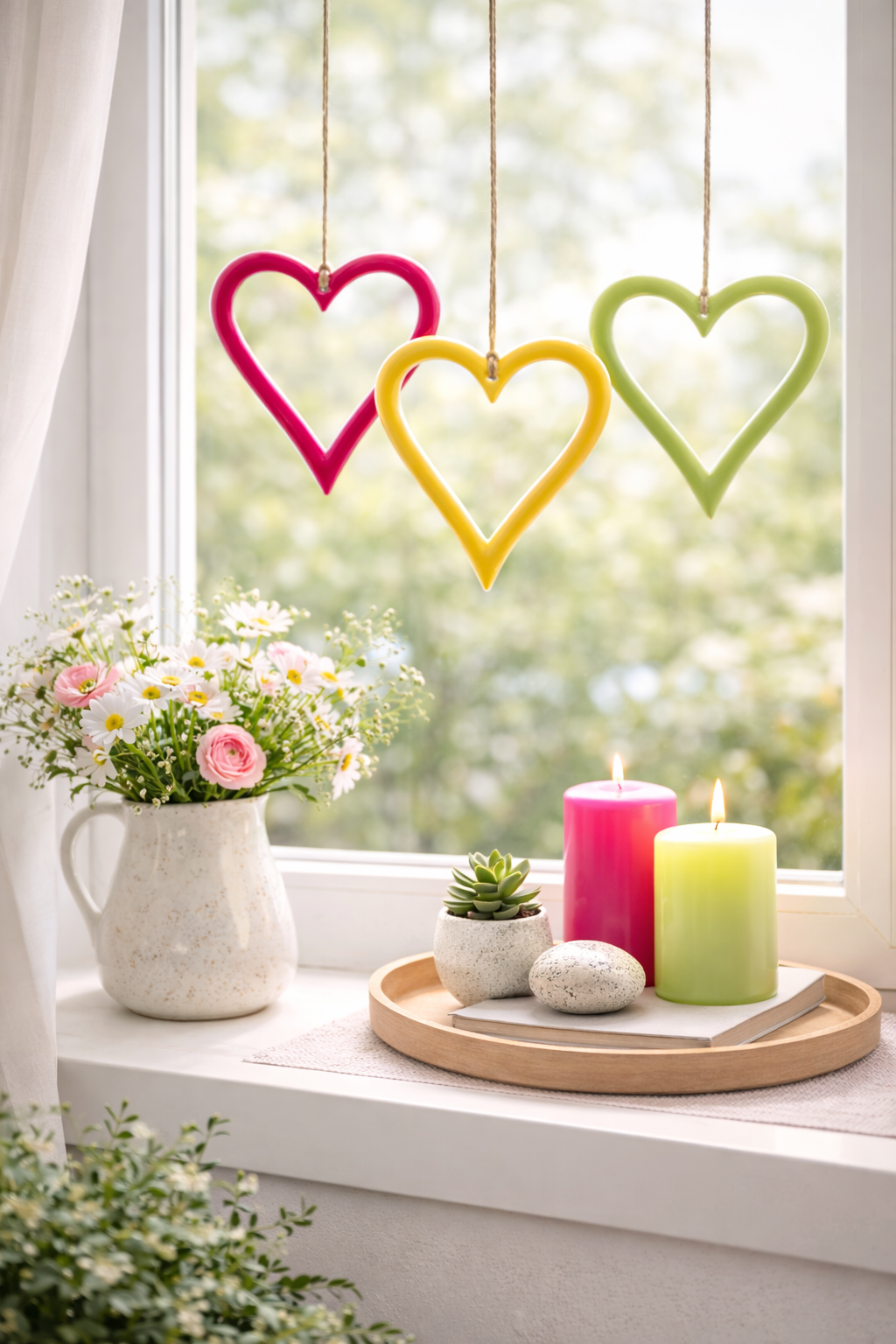 Metall Herz zum Hängen – Ø 10 cm – 3-farbig sortiert Pink, Gelb & Grün Dekorative Hängeherz für Fenster, Wohnbereich & Garten – Frühlingsdeko