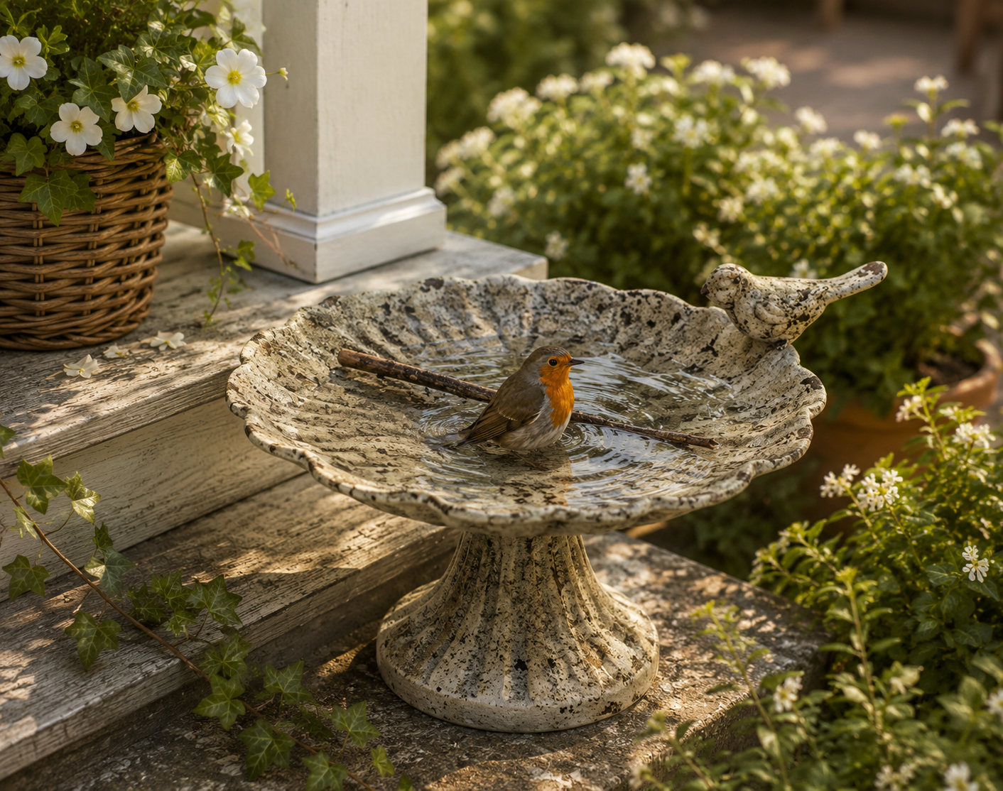 Vogelbad Vogeltränke Gartendeko Schale auf Fuß Ø17,5x15cm H8cm natur Shappy Futterstelle Garten Wasserstelle