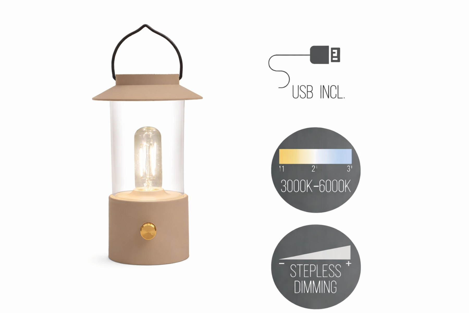 LED Laterne IP44 Warmweiß dimmbar USB sand matt 9x H24cm Warmweißes Licht, stufenlos dimmbar, IP44, USB-Anschluss Innen & Außen