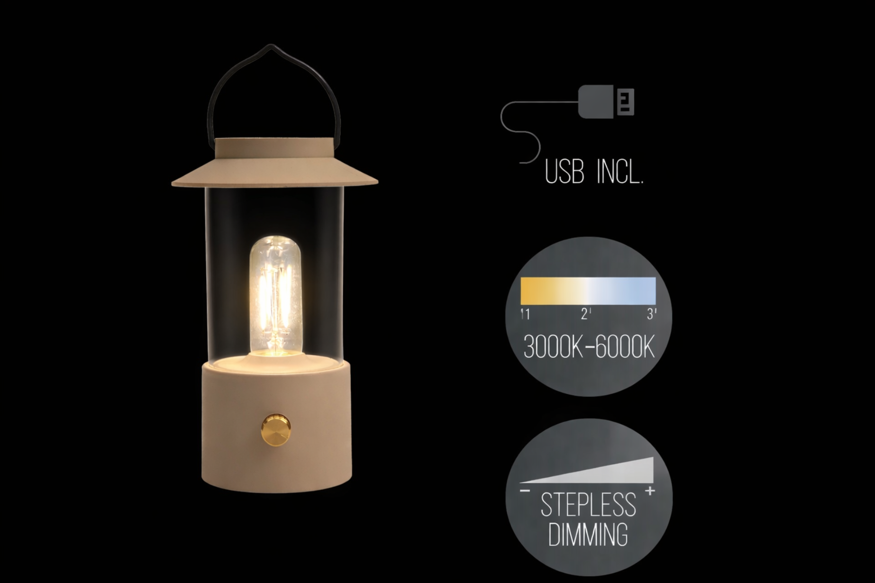 LED Laterne IP44 Warmweiß dimmbar USB sand matt 9x H24cm Warmweißes Licht, stufenlos dimmbar, IP44, USB-Anschluss Innen & Außen