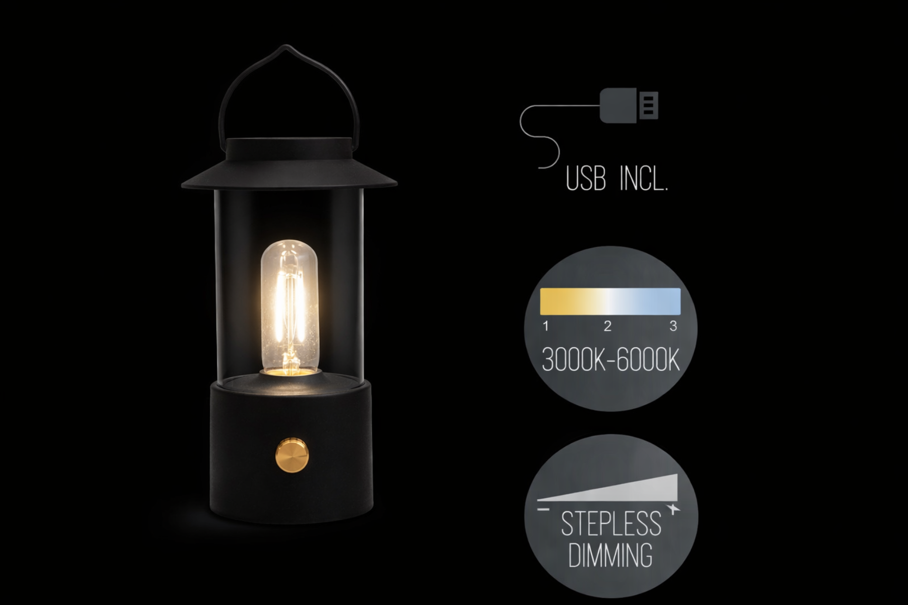 LED Laterne IP44 Warmweiß dimmbar USB sand schwarz 9x H24cm Warmweißes Licht, stufenlos dimmbar, IP44, USB-Anschluss Innen & Außen