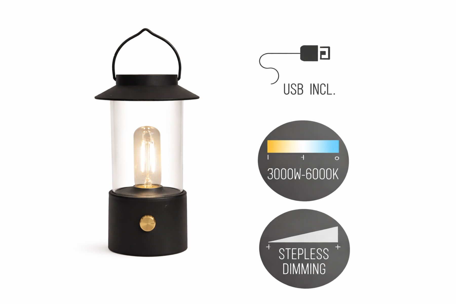 LED Laterne IP44 Warmweiß dimmbar USB sand schwarz 9x H24cm Warmweißes Licht, stufenlos dimmbar, IP44, USB-Anschluss Innen & Außen