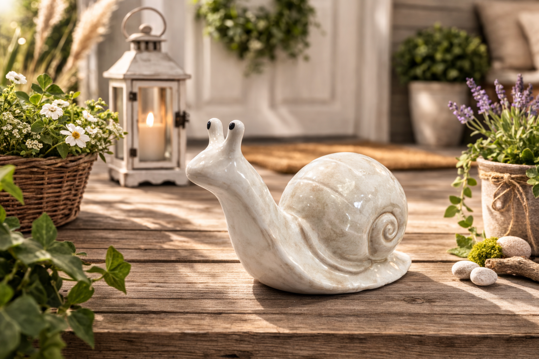Schnecke Keramik L23 x H11,5cm Dekorative Keramik Schnecke in creme Wetterfeste Garten- & Wohnraumdekoration
