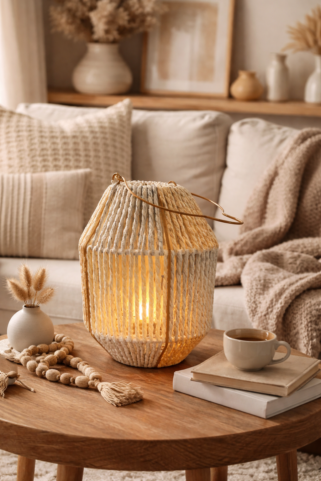 Laterne mit Glas Einsatz natur/grau H25cm Glas Ø7,5cm H8cm Dekorative Gartenlaterne Tischlaterne für Kerzen Wohn- & Gartendeko
