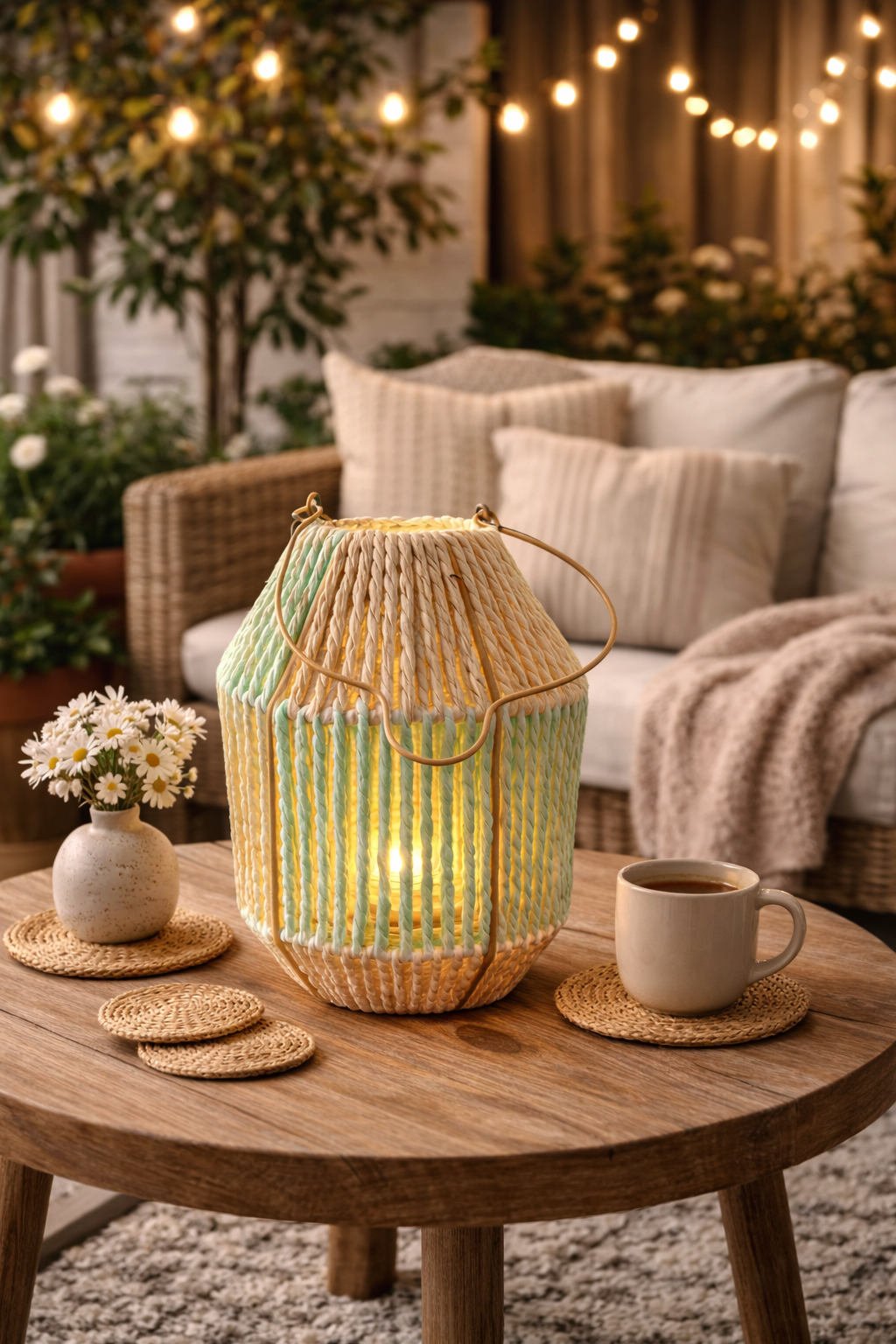 Laterne mit Glas Einsatz natur/grün H25cm Glas Ø7,5cm H8cm Dekorative Gartenlaterne Tischlaterne für Kerzen Wohn- & Gartendeko