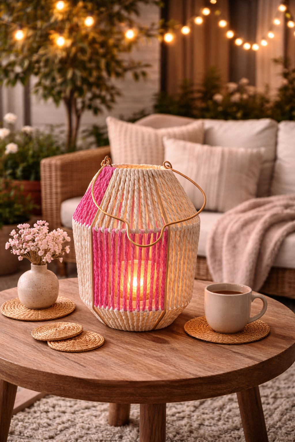 Laterne mit Glas Einsatz natur/pink H25cm Glas Ø7,5cm H8cm Dekorative Gartenlaterne Tischlaterne für Kerzen Wohn- & Gartendeko