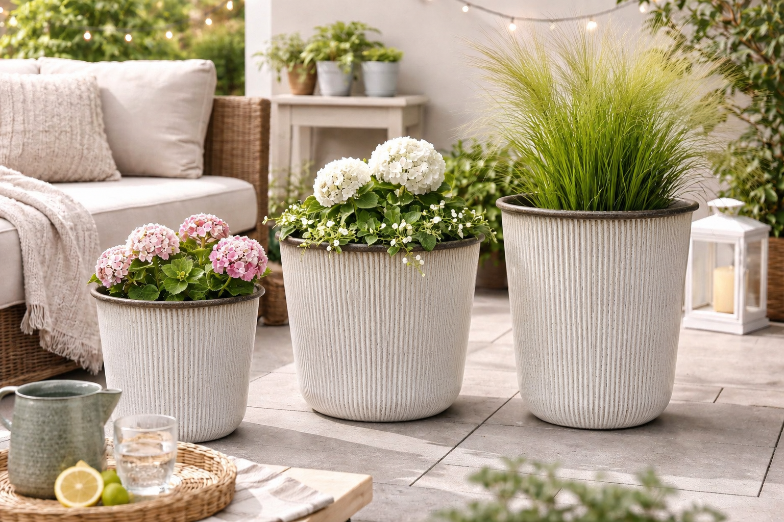 Kübel Metall Pflanzgefäß creme Pflanztopf Ø26+28+32cm Blumenkübel Pflanzschale Blumentopf Garten 3Größen wählbar
