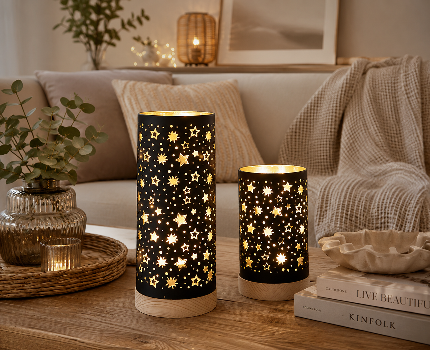 LED Licht Lumière Leuchte Glas schwarz/gold Sterne mit Timer Ø9cm H22cm