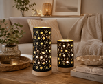 Lade das Bild in den Galerie-Viewer, LED Licht Lumière Leuchte Glas schwarz/gold Sterne mit Timer Ø9cm H22cm

