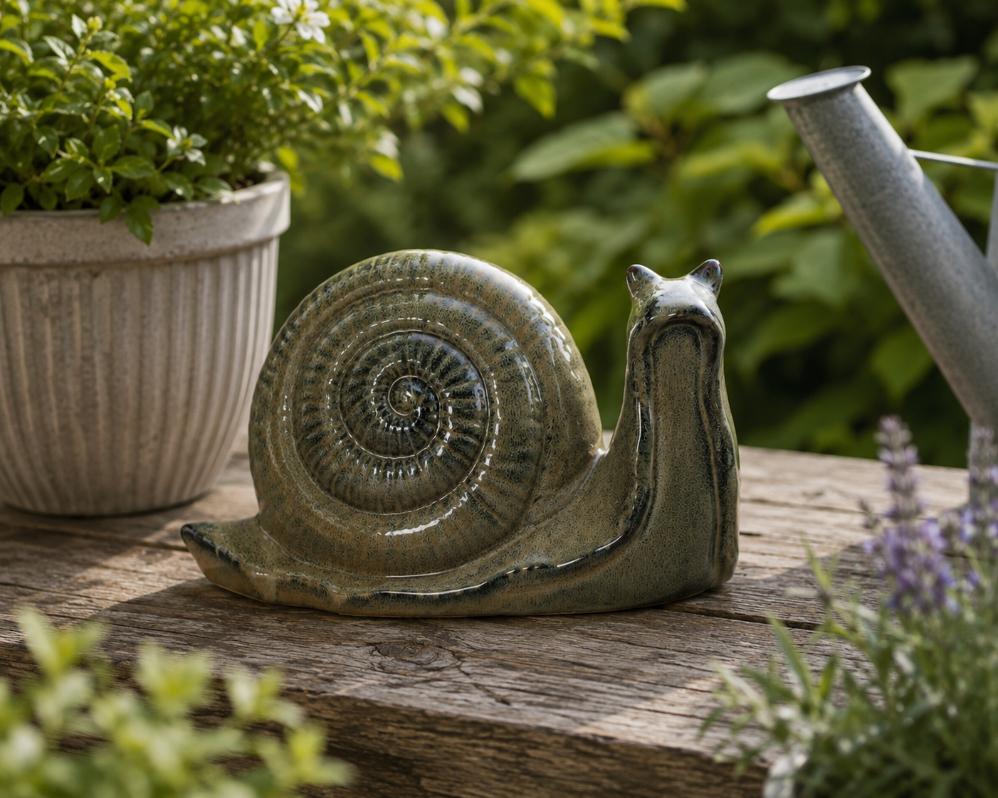 Schnecke grau/grün Steingut glasiert Figur Skulptur Garten 30x14cm H17cm