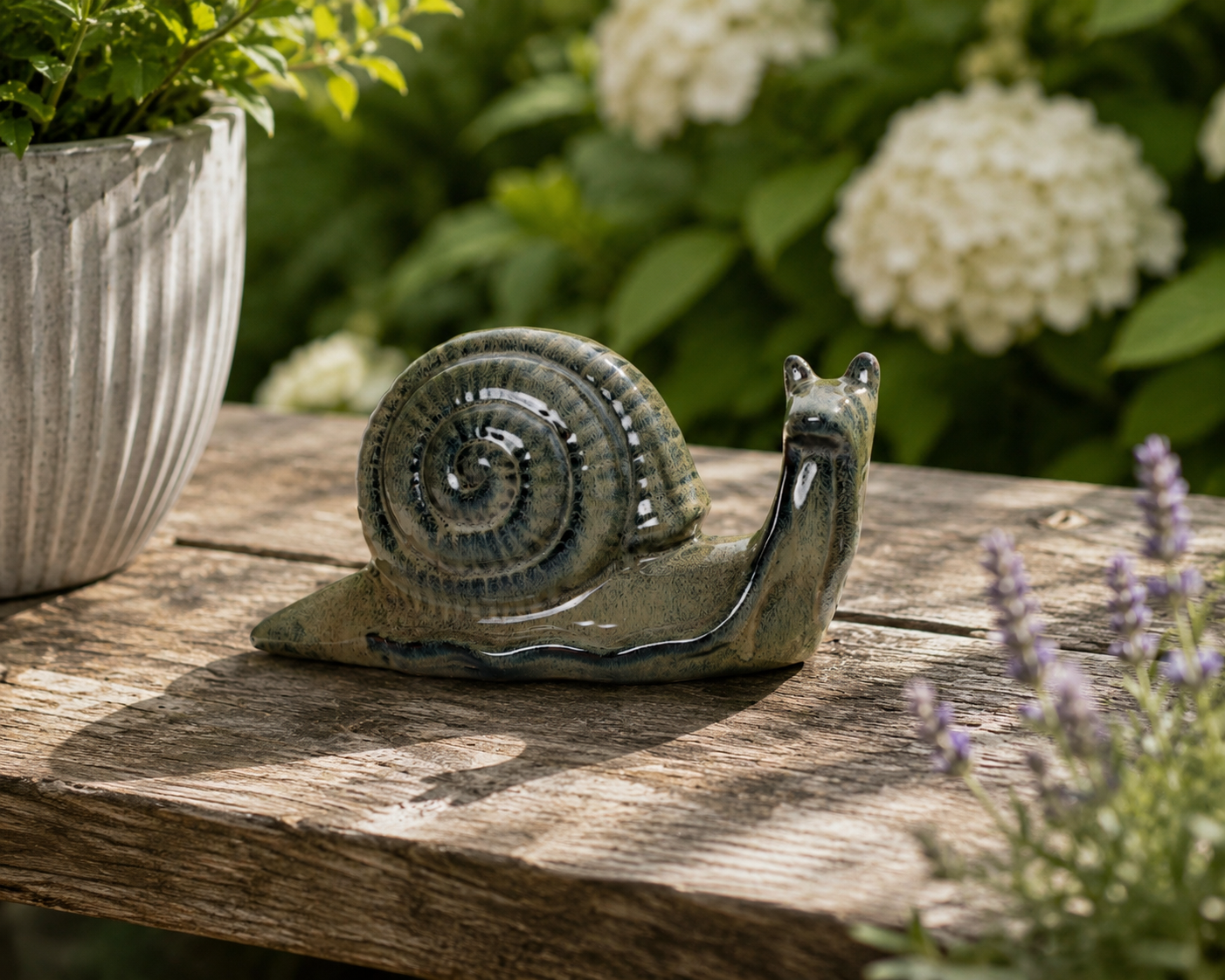 Schnecke grau/grün Steingut glasiert Figur Skulptur Garten 24x9,5cm H12cm